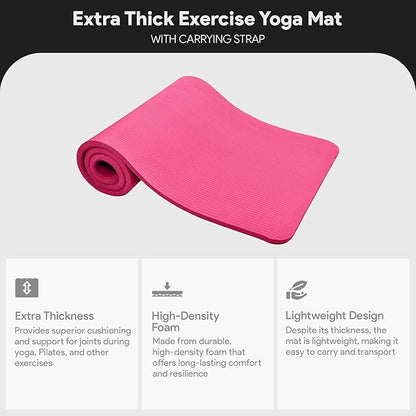 BalanceFrom 71x24 Inches Extra Thick Yoga Mat 1-Inch High-Density Foam – Roll-Up Exercise Pad with Double-Sided Non-Slip Surface and Carrying Strap for Pilates and Home Workouts, Multiple Colors