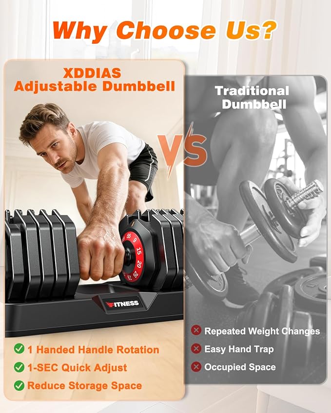 XDDIAS Adjustable Dumbbell Set of 2, 25/55/80/90LB Dumbbell Set- 1-Hand Fast Adjustment with Anti-Slip Handle, Compact Free Weights Dumbbells Set for Men/Women Home Gym Strength Training Equipment