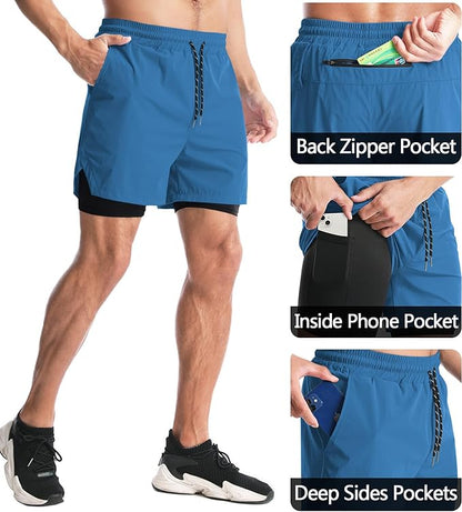 Aolesy Men's 2 in 1 Running Shorts 5" Workout Gym Athletic Shorts for Men Quick Dry Lightweight Training Shorts with Pockets