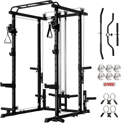 RitFit Multi-Function Garage & Home Gym Package Includes 1200LBS Power Cage PPC03/P3 with Cable Crossover System, Weight Bench, Olympic Barbell Weight Set, Full Body Workout