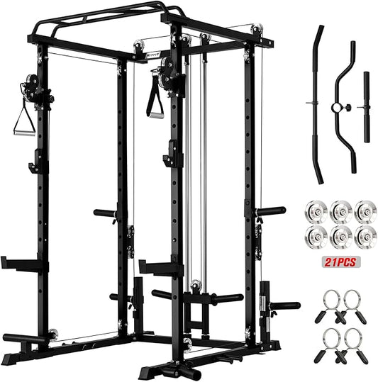 RitFit Multi-Function Garage & Home Gym Package Includes 1200LBS Power Cage PPC03/P3 with Cable Crossover System, Weight Bench, Olympic Barbell Weight Set, Full Body Workout
