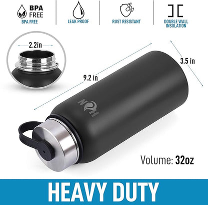 Hydration Nation 3 Lid Multi-Size Vacuum Insulated Water Bottles with Straw - Metal Water Bottle For Sports & Outdoor - Thermo Stainless Steel Water Bottle - Perfect for Hot & Cold Drinks (Black)