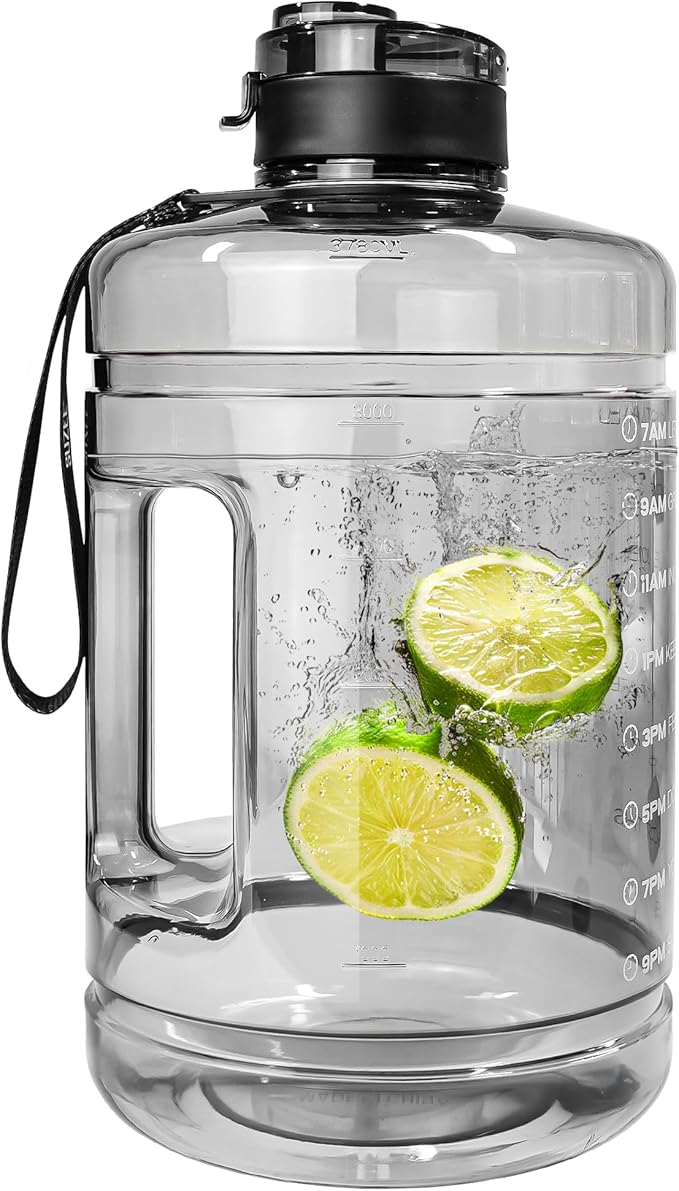 1 Gallon Water Bottle, Water Jug with Motivational Time Marker & Strap & Handle,Large-Capacity leakproof water bottles for Travel Sport Gym Outdoor（Clear