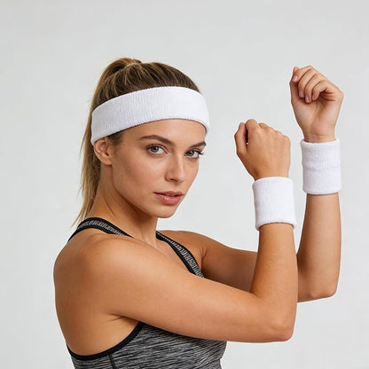Sweatbands Headband and Wrist Set, Cotton Sweat Band for Athletic Men and Women, Sweatbands Sports Headbands for Working Out, Running, Basketball, Tennis, Yoga