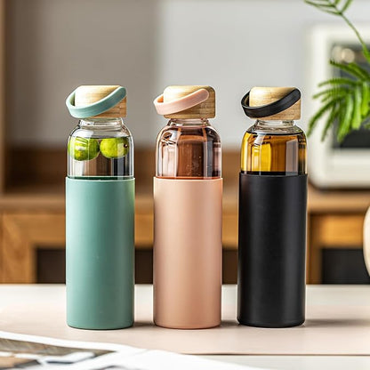 21oz Borosilicate Glass Water Bottle with Non-Slip Sleeve & Leak-Proof Lid-Reusable Drink Bottle for Office,Travel,Gym,Hiking-Ideal Gift for Home,Car & Fitness Enthusiasts (2*Pink+2*Green)
