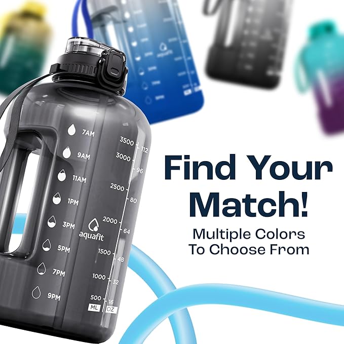 AQUAFIT 1 Gallon Water Bottle with Time Marker - Straw & Chug Lid - BPA Free Gym Water Bottle with Straw - Big Gallon Jug (Midnight Black, 128 oz - 2in1 Lid)