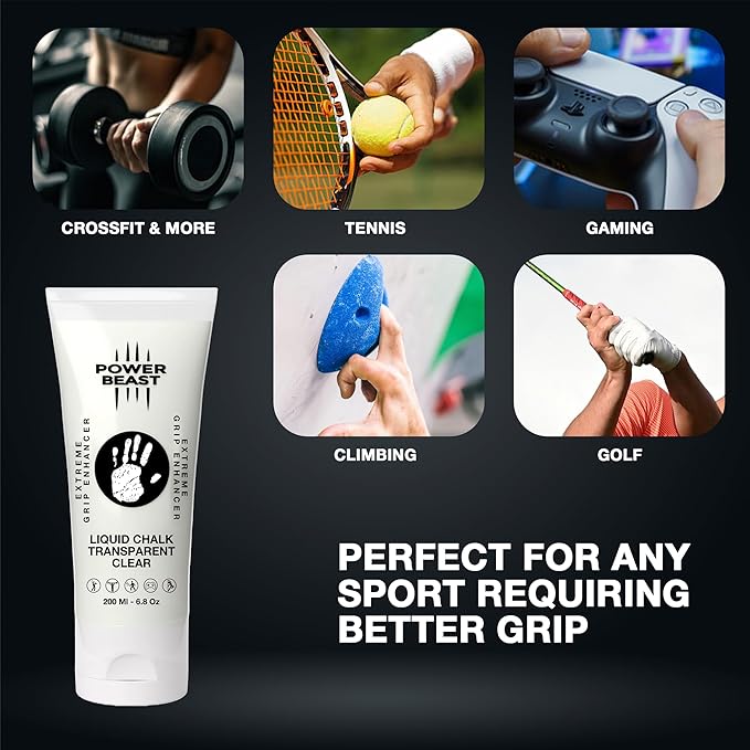POWER BEAST, Clear Liquid Chalk, Non Sticky Grip Enhancer, Dry Hands, Transparent Liquid Chalk, Anti-Slip Solution, Dry Grip for Tennis, Golf, Pole Dancing, Gaming, and All Sports