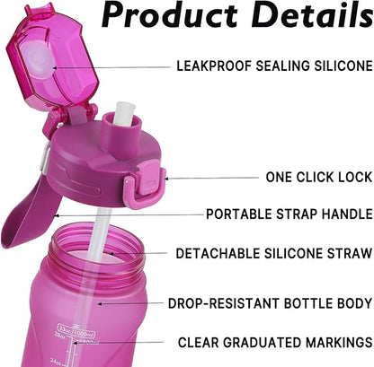 32oz Sports Water Bottle with Detachable Straw (Sip & Chug), Motivational Water Bottle with Capacity Marker, Leakproof Drinking Water Bottle with Strap for Travel Fitness Gym Outdoor (Pink)