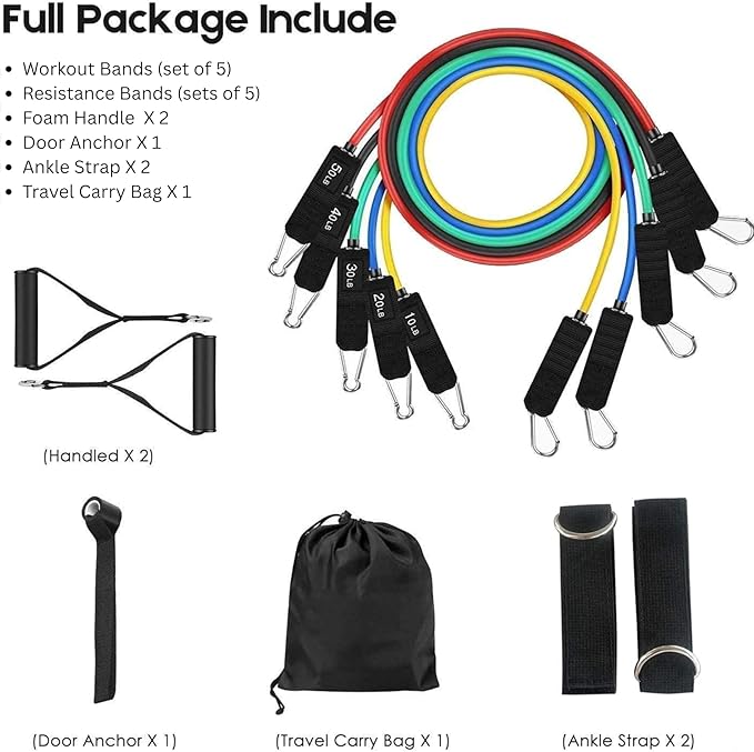 Resistance Bands Set with Handles – 11-Piece Exercise Bands Kit (Up to 150 lbs), Workout Bands with Door Anchor, Ankle Straps & Carry Bag for Home Gym, Strength Training & Physical Therapy