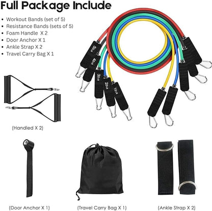 Resistance Bands Set with Handles – 11-Piece Exercise Bands Kit (Up to 150 lbs), Workout Bands with Door Anchor, Ankle Straps & Carry Bag for Home Gym, Strength Training & Physical Therapy