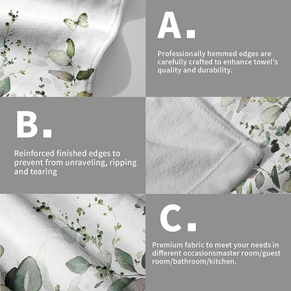 Green Eucalyptus Leaves Hand Towels Spring Sage Green Botanical Fingertip Towel Set of 2 Watercolor Plant Butterfly Dragonfly Kitchen Dish Towels Decorative Bathroom Towels for Bath Guest Gym Spa