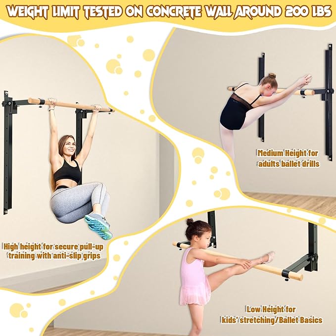 Height Adjustable Ballet Barre Foldable Ballet Bar Dance Training Barre,Wall Mount With Solid Beech Wood Bar,Home Fitness Equipment for Pull Up Stretching Never move or Shake
