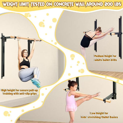 Height Adjustable Ballet Barre Foldable Ballet Bar Dance Training Barre,Wall Mount With Solid Beech Wood Bar,Home Fitness Equipment for Pull Up Stretching Never move or Shake