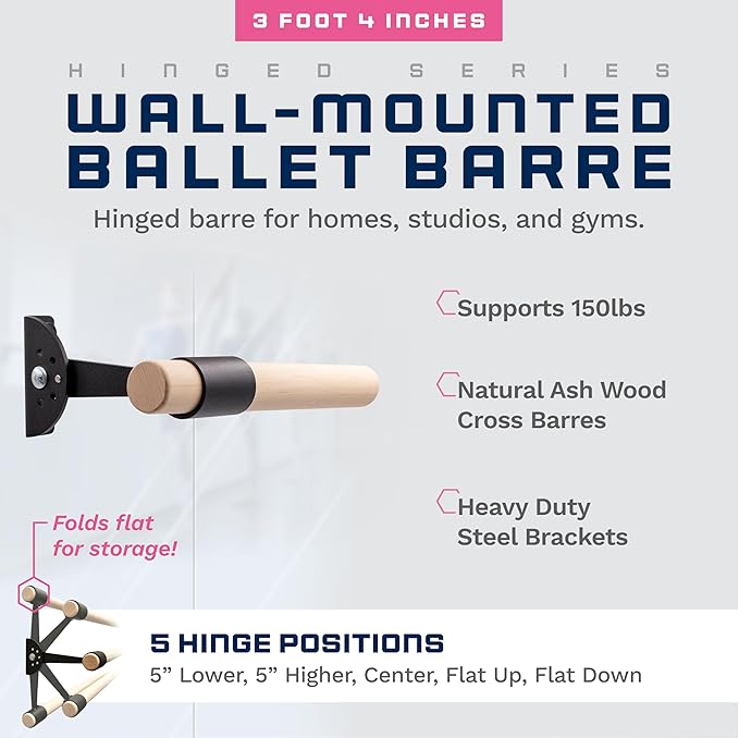 VITA Barre Wall-Mounted Single Ballet Barre, Traditional, Wood and Aluminum | Hinged Height, Made in USA, Home, Studio or Gym Exercise Equipment for Kids & Adults | Dance, Fitness, Pilates
