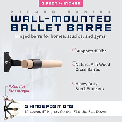 VITA Barre Wall-Mounted Single Ballet Barre, Traditional, Wood and Aluminum | Hinged Height, Made in USA, Home, Studio or Gym Exercise Equipment for Kids & Adults | Dance, Fitness, Pilates
