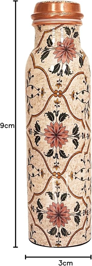 Pure Copper Water Bottle 34 Oz/1 Liter Natural Handmade Leak Proof Vessel For Drinking With Ayurvedic Health Benefits For Sports Fitness Yoga, Gym (IVORY PRINTED)