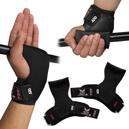 QTF Weight Lifting Grips (Pair) for Heavy Powerlifting, Wrist Straps for Deadlifts, Rows, Pull Ups, with Neoprene Padded Wrist Wraps Support and Strong Rubber Gloves or Straps for Bodybuilding.