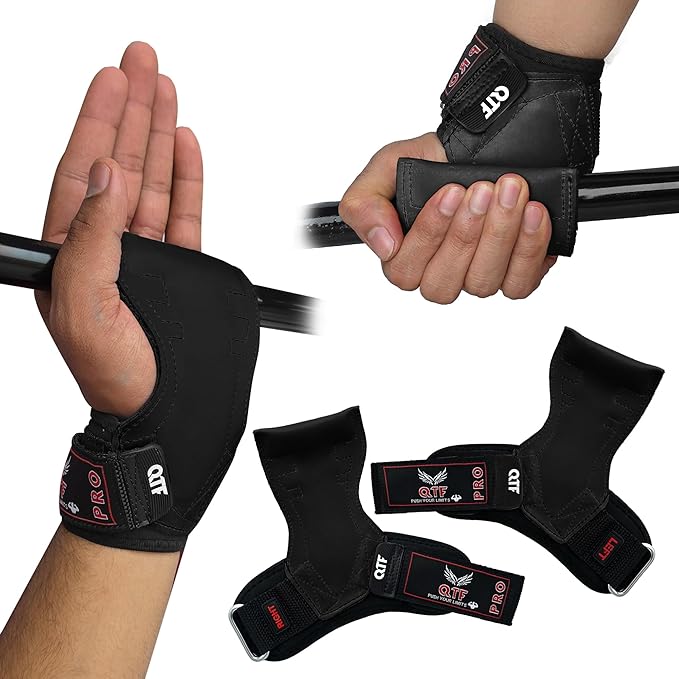QTF Weight Lifting Grips (Pair) for Heavy Powerlifting, Wrist Straps for Deadlifts, Rows, Pull Ups, with Neoprene Padded Wrist Wraps Support and Strong Rubber Gloves or Straps for Bodybuilding.