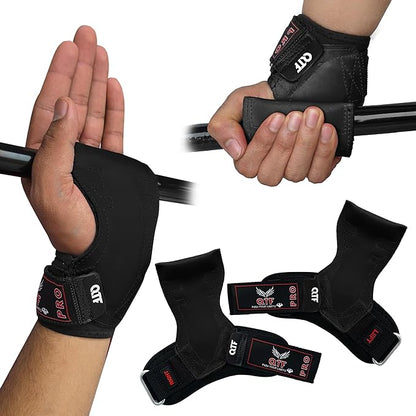 QTF Weight Lifting Grips (Pair) for Heavy Powerlifting, Wrist Straps for Deadlifts, Rows, Pull Ups, with Neoprene Padded Wrist Wraps Support and Strong Rubber Gloves or Straps for Bodybuilding.