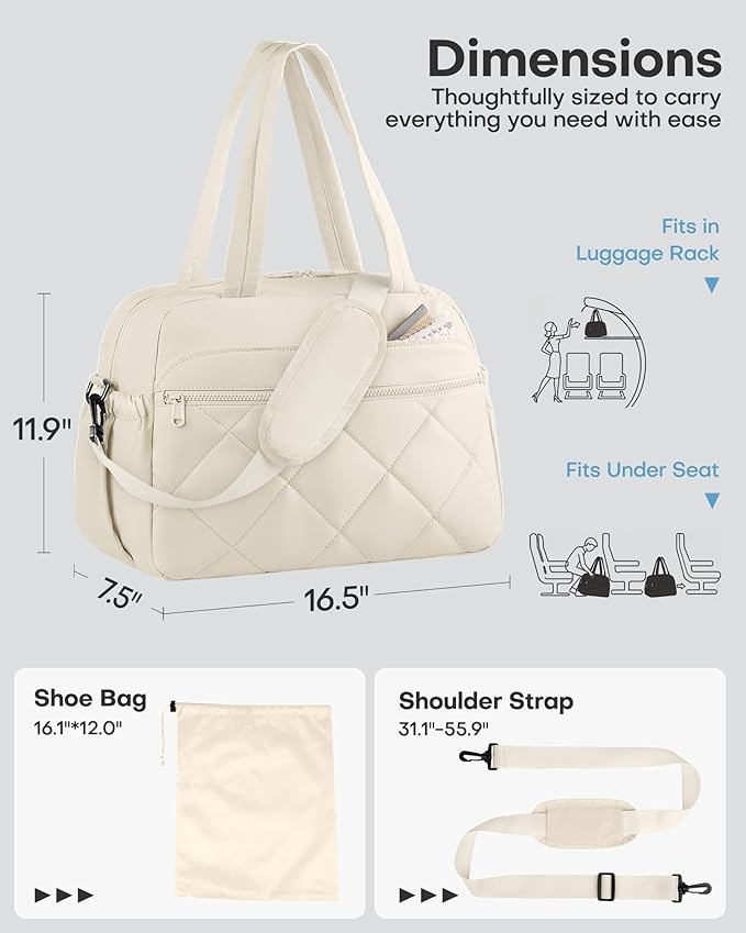 HOTOR Gym Bag for Women - Lightweight Travel Duffle Bags with Wet Pocket & Separate Shoe Bag, Multi-Pocket Carry on Weekender Duffel for Sports, Fitness, Overnight Trip, Beige, 16.5" x 7.5" x 11.9"