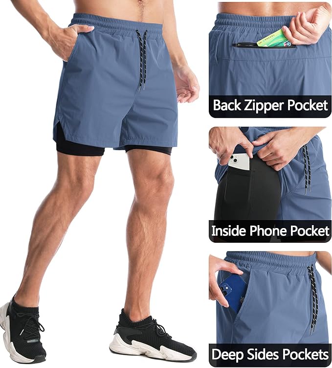 Aolesy Men's 2 in 1 Running Shorts 5" Workout Gym Athletic Shorts for Men Quick Dry Lightweight Training Shorts with Pockets