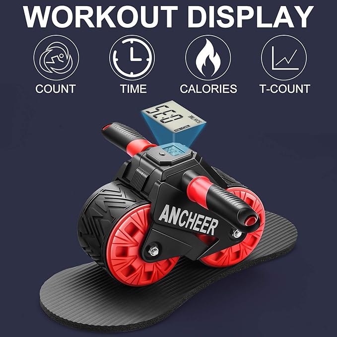 ANCHEER Ab Roller for Abs workout, Ab Wheel Roller with Knee Pad Mat and Intelligent Display, Fitness Ab Carver Pro Roller with Automatic Rebound, Ab Workout Equipment for Abdominal Exercise