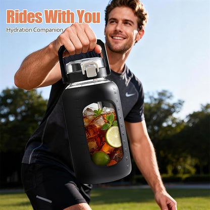 BLUEGO 84oz Glass Water Bottle with Straw and Handle, Large Water Bottle with Sip & Chug Lid, 2.5L Water Jug Silicone Sleeve with Time, Full Day Drinking Bottle for Sports BPA Free, Black
