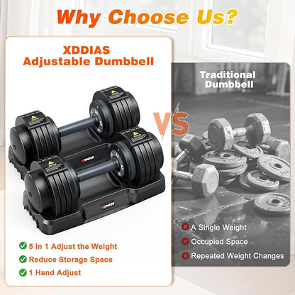 XDDIAS Adjustable Dumbbell Set of 2, 25/55/80/90LB Dumbbell Set- 1-Hand Fast Adjustment with Anti-Slip Handle, Compact Free Weights Dumbbells Set for Men/Women Home Gym Strength Training Equipment