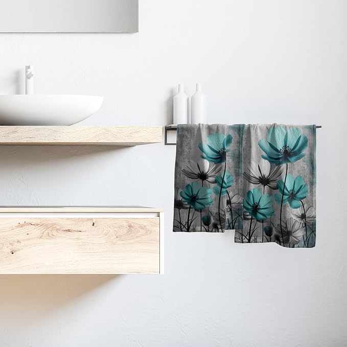 Teal Gray Floral Decorative Hand Towels for Bathroom Rustic Flower Wood Barn Vintage Kitchen Towels Set of 2 Turquoise Daisy Soft Absorbent Fingertip Dish Tea Towel for Home Yoga Gym Hotel