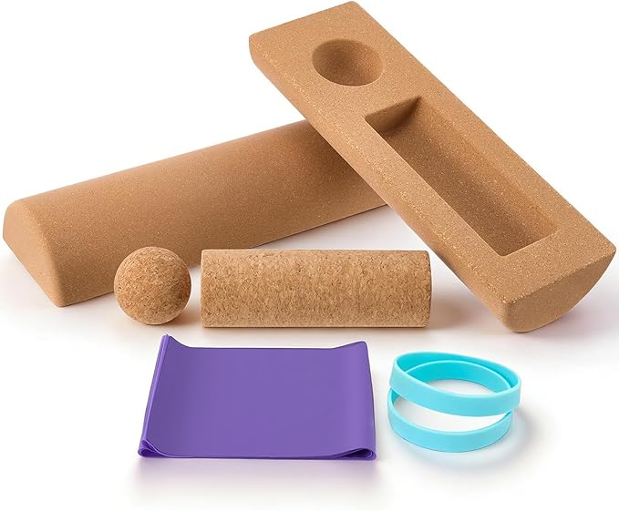 Natural Cork 5 in 1 Balance Board Kit, Foot & Ankle Strengthener with Massage Roller, Ball, Toe & Yoga Resistance Bands, Balance Trainer for Stability, Foot Strength, Pain Relief & Home Fitness