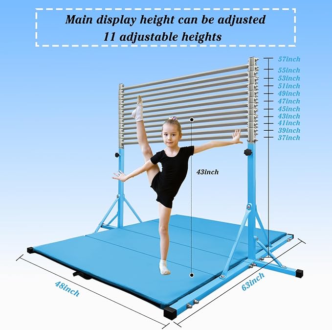 Gymnastics Bar for Kids Girls Ages 3-15 with Ring for Home Indoor Training Equipment- Steady Steel Construction, Anti-Slip, Easy to Assemble, 3' to 5' Adjustable Height