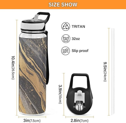 Fustylead Gold with Black Background Paint Stripes 32 oz Water Bottle with Straw, Leakproof Clear Sport Bottles for Women Men Outdoor Sport Drinking