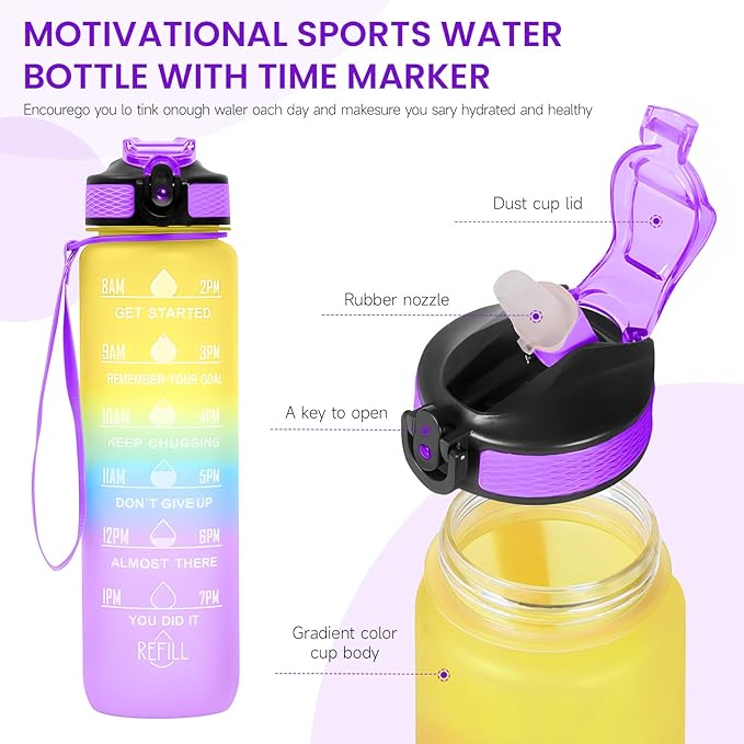 32 oz Water Bottles with Times to Drink and Straw, Motivational Water Bottle with Time Marker, Leakproof & BPA Free, Drinking Sports Water Bottle WIth Hand Strap for Fitness, Gym & Outdoor (yellow)