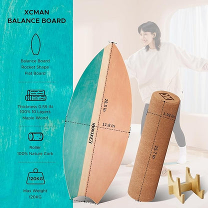 XCMAN Surf Balance Board Trainer with Roller Wooden Exercise Balancing Stability Trainer - Non Slip Surface for Adults Kids|Balance Board for Surfing,Snowboarding,Skateboarding,Hockey,Yoga Training