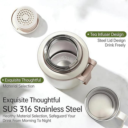 2 In 1 Stainless Steel Vacuum Insulated Bottle with Lidded Cup, Insulated Tumblers with Handles, Leakproof Large Capacity Water Bottle, Keeps Drinks Hot & Cold for Travel, Gym, School (White)