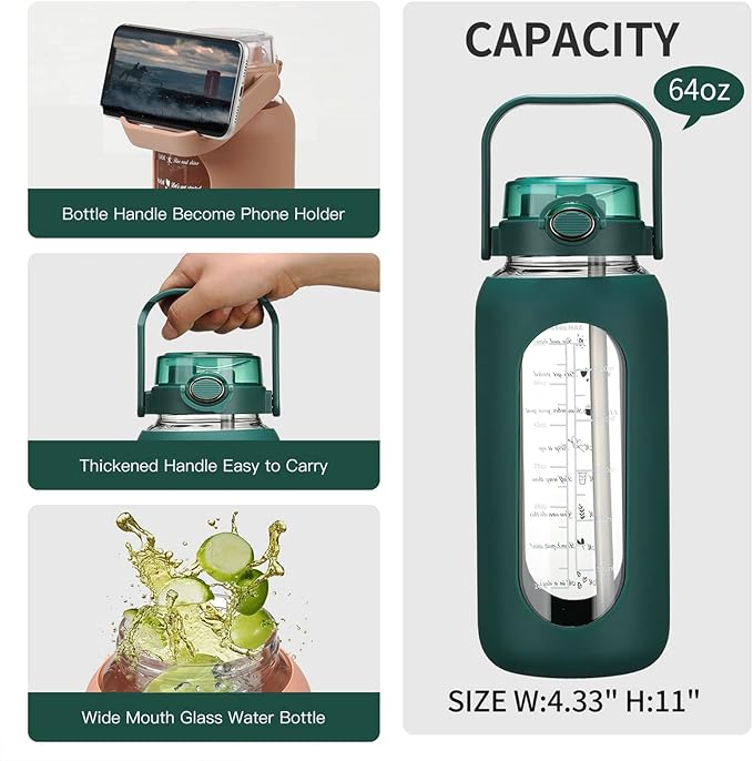 64oz Glass Water Bolttles with Straw Half Gallon Large Motivational Water Bottle with Time Marker Sports Water Bottles with Silicone Sleeve and Handle Lid Water Jug for Gym Workout