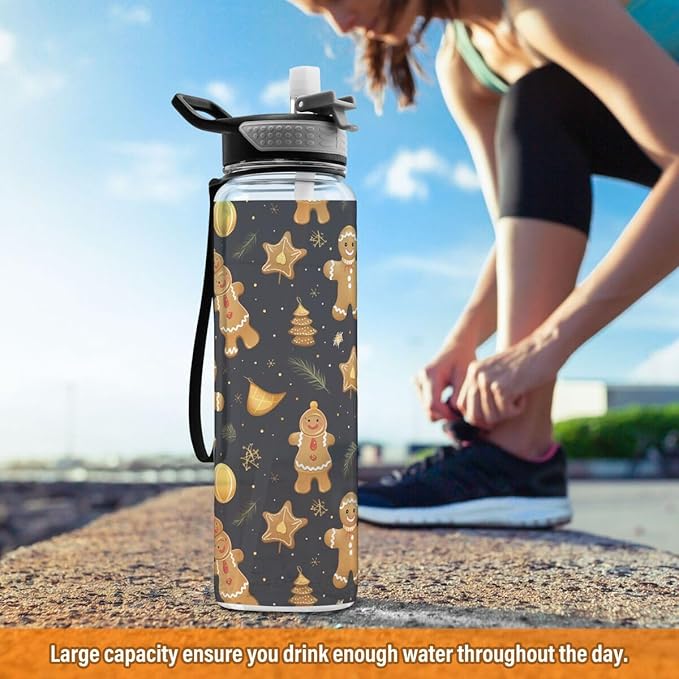 ALAZA Gold Gingerbread Leaf Merry Christmas Sports Water Bottle with Straw Tritan Drink Bottle 32 oz BPA Free Reusable for Travel Outdoor Fitness