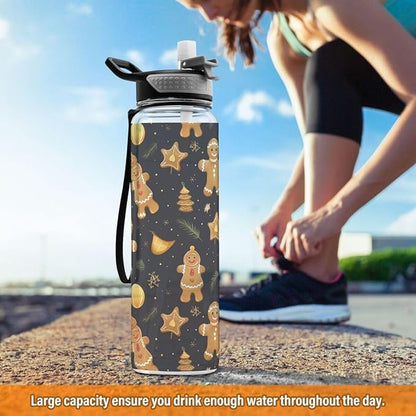ALAZA Gold Gingerbread Leaf Merry Christmas Sports Water Bottle with Straw Tritan Drink Bottle 32 oz BPA Free Reusable for Travel Outdoor Fitness