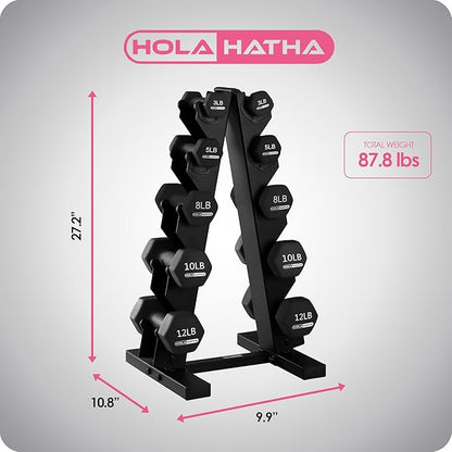 HolaHatha 2, 3, 5, 8, and 10 Pound Neoprene Dumbbell Free Hand Weight Set with Rack, Ideal for Home Exercises to Gain Tone and Definition, Pastel