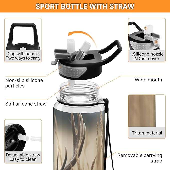 YETTASBIN Deer Clear Water Bottle with Straw Lid, BPA-Free Leakproof Sport Water Bottle 32oz Large Gym Water Jug for Men Women Travel Fitness Outdoor
