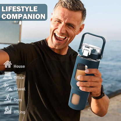 BLUEGO 40 oz Glass Water Bottles with Straw Time Marker, Glass Tumbler with Handle Top Lids, Easy to Clean, Fits in Car Cup Holder, Leakproof Jug for Gym, Sports, Workout & Daily, Dark Blue