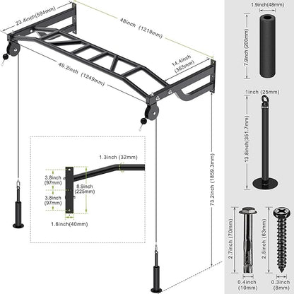 SELEWARE 48'' Heavy Duty Pull Up Bar Wall Mount Multi-function Chin up Bar with Home Gym Cable Pulley System LAT Pulldown Workout Attachments Heavy Bag Hanger