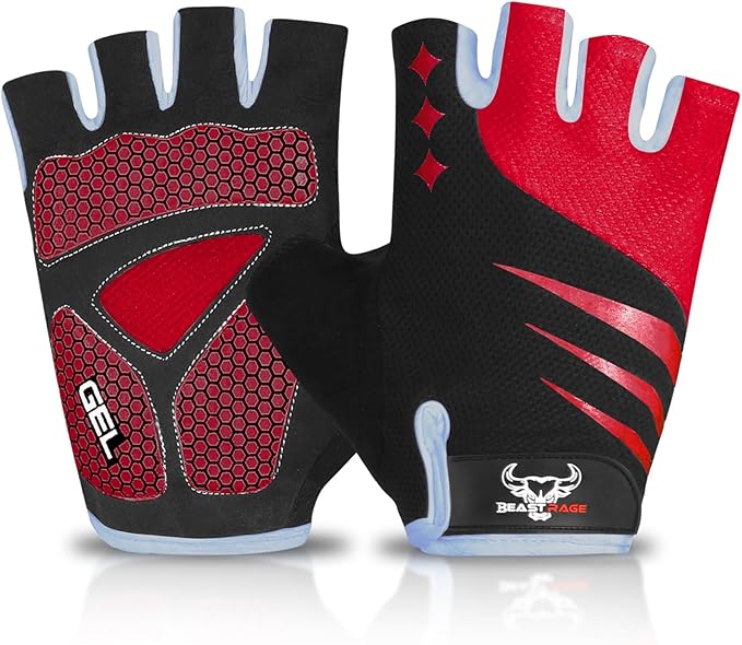 BEAST RAGE Half Finger Cycling Gloves for Men Women, Gel Padded Anti-Slip Shock Absorbing Weight Lifting Gym Gloves Cycle Mountain Bike Gloves for MTB, Biking, Hiking