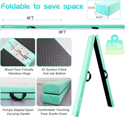 8FT Folding Balance Beam -Gymnastics Floor Beam -Gymnastics Equipment for Kids,Wood core- Anti-Slip Bottom and Carrying Bag for Home