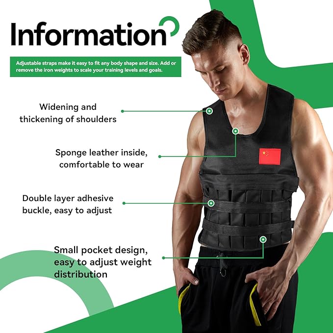 20KG Weighted Vest with 4Pcs Sand Bags（without weight）, Adjustable Training Waistcoat for Workout, Strength Training, Running, Fitness, Muscle Building