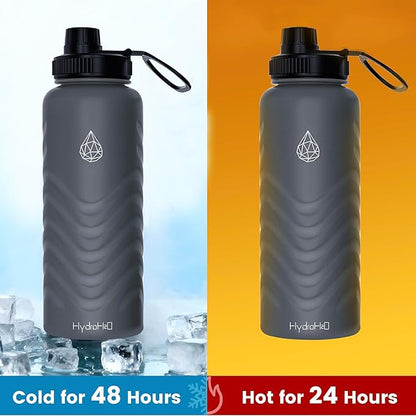 24oz Stainless Steel Insulated Water Bottle, 48H Ice Cold & 24H Hot, Leak-Proof Wide Mouth Lids (Straw & Spout), BPA-Free Bottles, Mens Water Bottle for Gym, Hiking, Travel - Grey