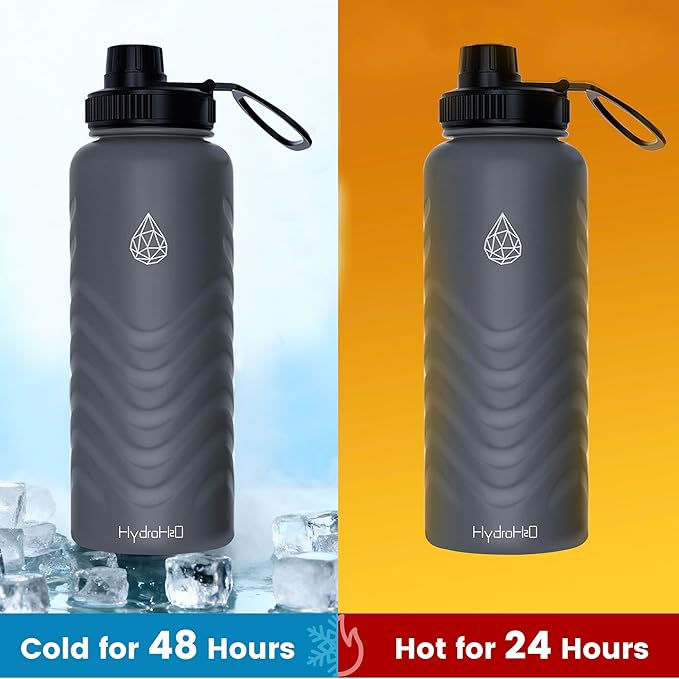 32oz Stainless Steel Insulated Water Bottle, 48H Ice Cold & 24H Hot, Leak-Proof Wide Mouth Lids (Straw & Spout), BPA-Free Bottles, Mens Water Bottle for Gym, Hiking, Travel - Grey
