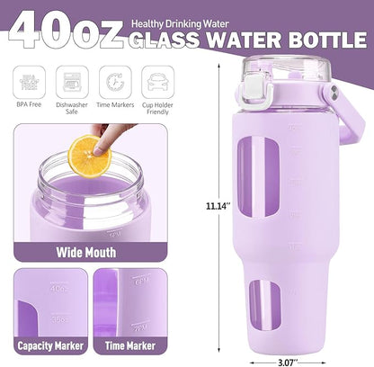 BLUEGO 40 oz Glass Water Bottle with Straw, Leakproof and Time Marker, Wide Mouth for Travel, Gym, Workout, Purple