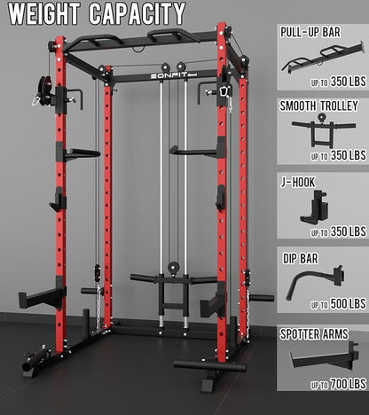 Eonfit E2 Power Cage，1500LB Squat Rack with Cable Crossover System.Multi-Function Power Rack for Home Gum.All-in-One Squat Rack with More Training Attachments