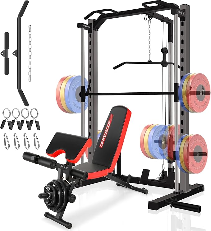 OPPSDECOR Smith Machine Power Rack for Home Gym - All-in-One Power Cage Squat Rack with LAT Pulldown, Cable Machine & Barbell Bar - Multi-Functional Strength Training Equipment